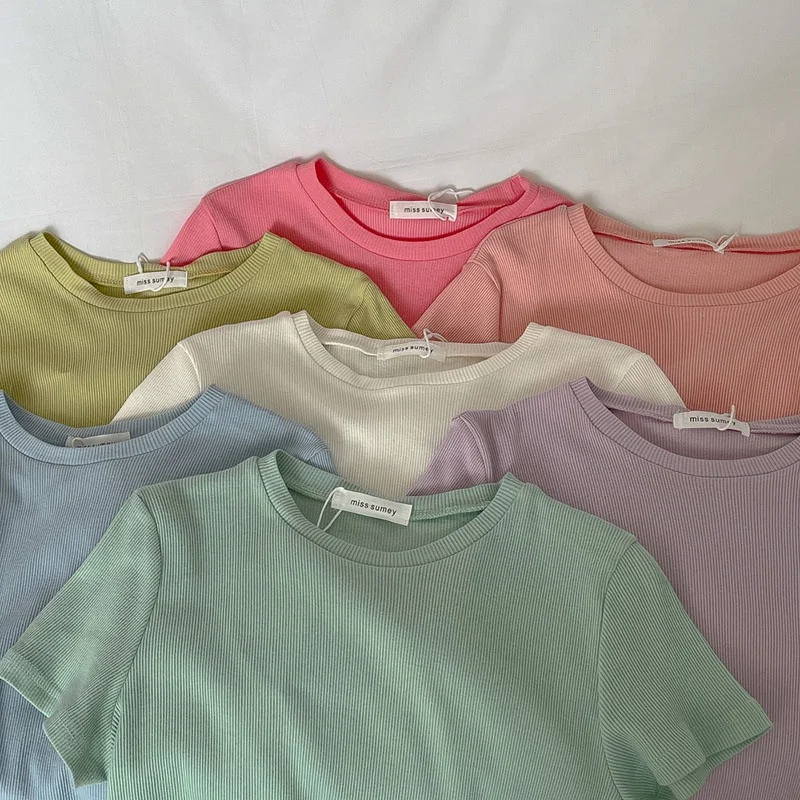 Women's Small Fresh Solid Round Neck Thread Short Sleeve T-shirt Korean Multi Color Basic Universal Slim Fit Top 4