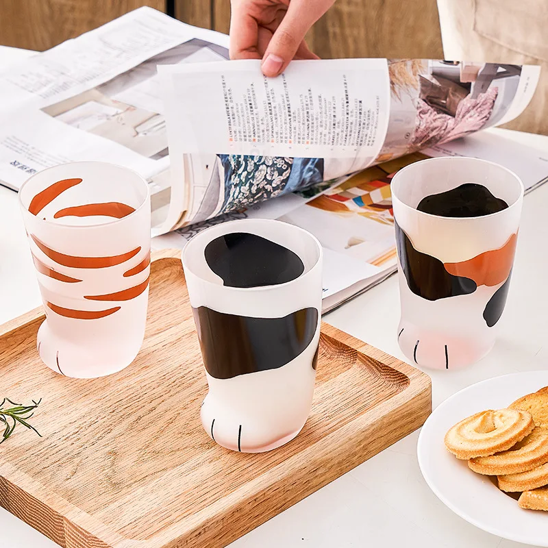 300Ml Cat's Claw Cup Cute Glass Couple Creative Cat's Foot Cup Household Water Cup Ins Casual Breakfast Kids Milk Glass