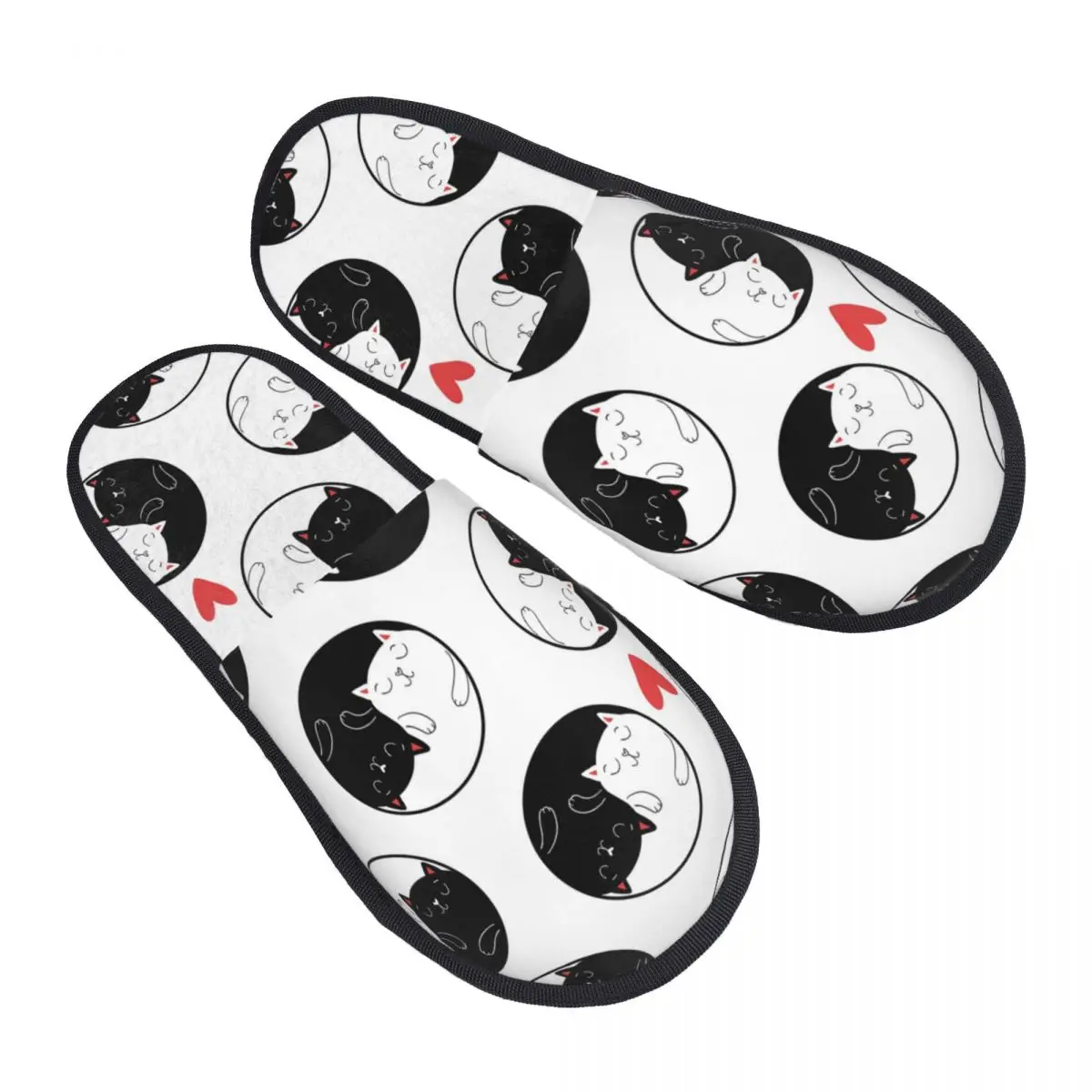 

Men Women Plush Indoor Slippers Yin Yang White Black Cats Hearts Warm Soft Shoes Home Footwear Autumn Winter 2023