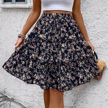 Women's Spliced Cake Skirt Fashionable Floral Print Elastic Waist Strap Versatile Casual Skirts Comfortable knee-length skirt 1