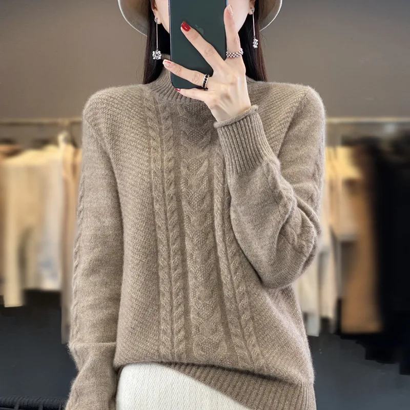 

2023 Autumn/Winter New 100% Pure Woolen Sweater Women's Half High Neck Sweater Thickened Twisted Flower Lazy Pullover Knit top
