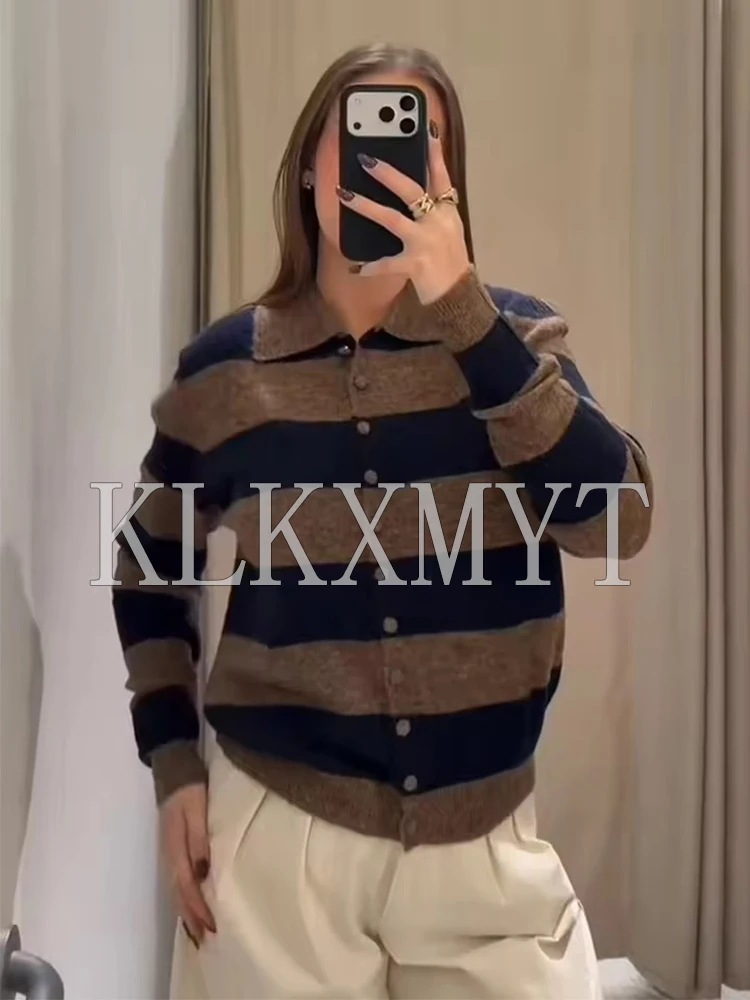 2025 New Women Fashion Stripe Knitted Cardigans Long Sleeve Lapel Short Sweater Cardigan Autumn Winter New Style Knitwear Coat