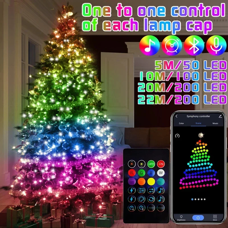 Christmas Tree RGB Lights Smart Bluetooth Control USB LED String Lamp Outdoor App Remote Control Garland Fairy Lights Decoration bluetooth music fan light foldable four leaves fan remote control smart lamp music light loudspeaker smart remote control lights