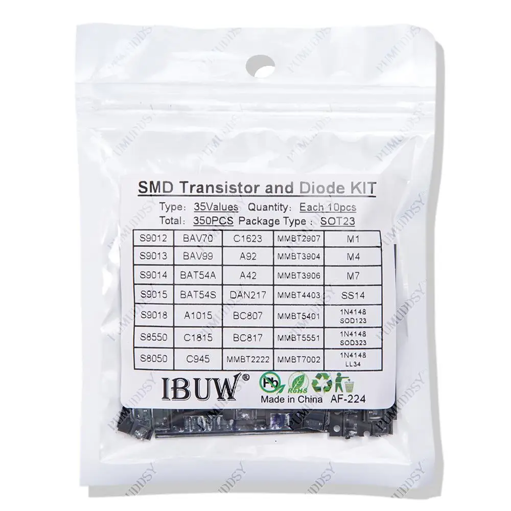 35 valori * 10 pezzi = 350 pezzi SMD SMT pumuddsy Kit assortimento di transistor e diodi - immagine 3