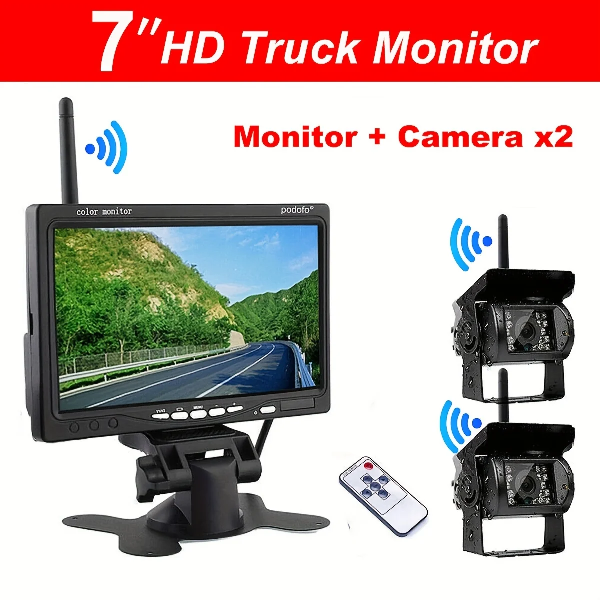 

7inch Wifi Wireless Monitor For Vehicle, With 2pcs Wireless Cameras, Suitable For Rear View Image Monitoring