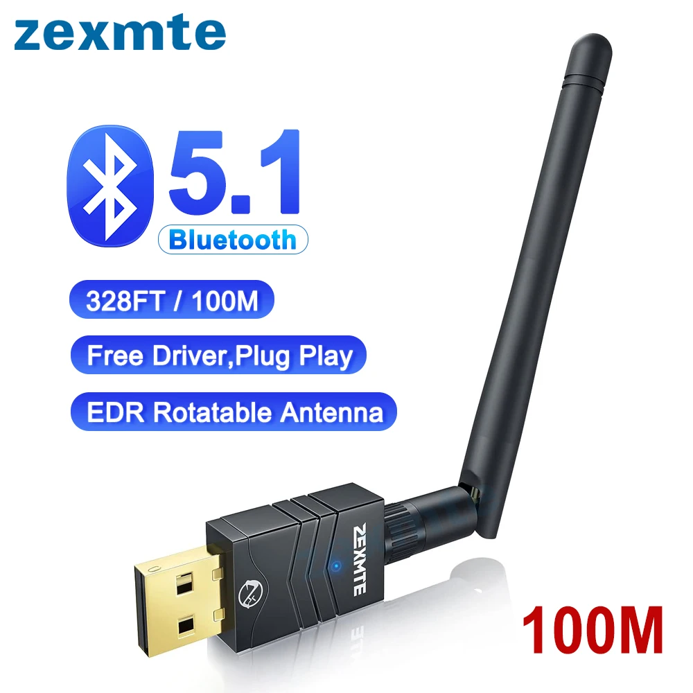 

Zexmte 100M Bluetooth 5.1 Adapter USB EDR Antenna Dongle Audio Receiver Transmitter for Windows 11/10/8 Keyboard Mouse Speakers