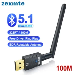 Zexmte 100M Bluetooth 5.1 Adapter USB EDR Antenna Dongle Audio Receiver Transmitter for Windows 11/10/8 Keyboard Mouse Speakers