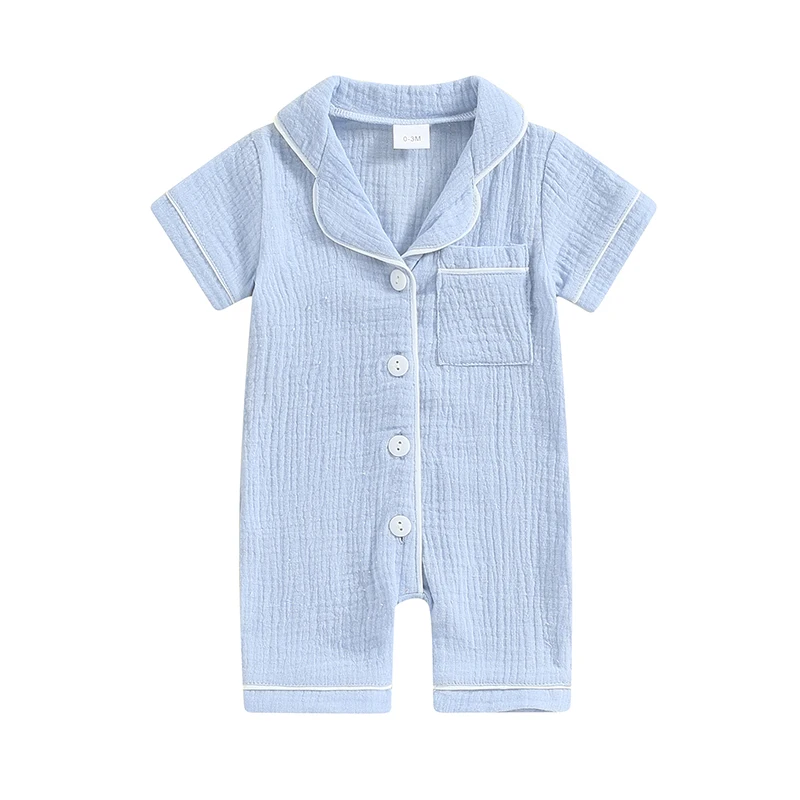 Baby Boys Girls Jumpsuits Short Sleeve Lapel Collar Button Up Pajamas Newborn Rompers