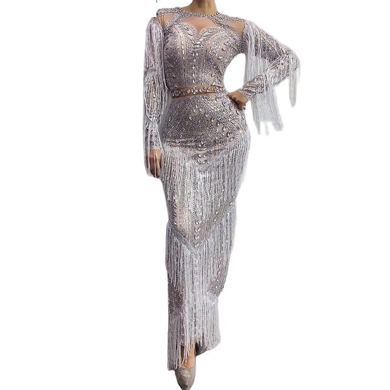 

Rhinestone Sexy Silver Fringe Long Dress Birthday Wedding Prom Spandex Costume Evening Women Dancer Show