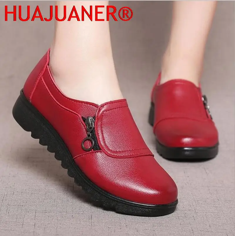 Women Casual Flats Round Head Side Zipper Oxford Shoes Non-slip Warm Slope Heel