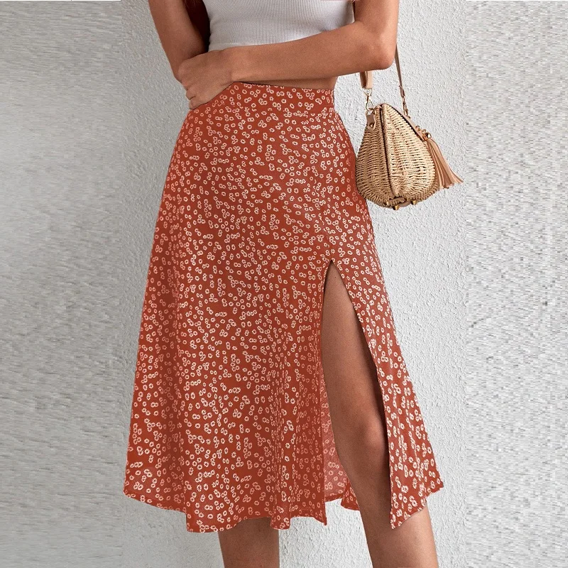 

YEMOGGY Elegant Floral Print Split Skirt Summer Women's Skirts 2023 New Skinny High Waist Wrap Hip Maxi A-line Skirt for Female