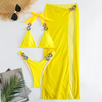 Yellow Sexy Rhinestones Bikinis 2026 Women Swimwear Female Swimsuit Swimming Bathing Suits Brazilian Bikini Set Beachwear Bather 1