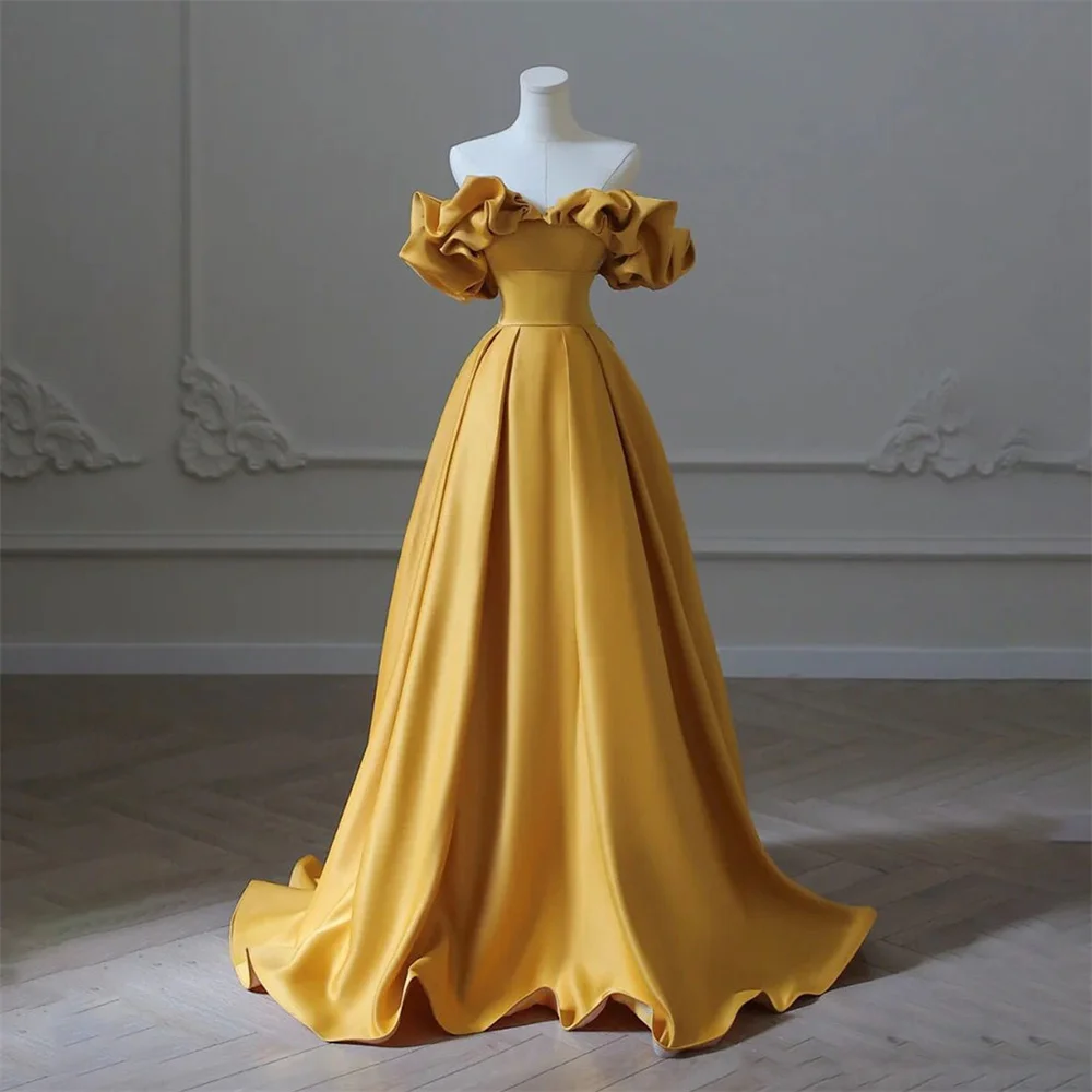 

Lily Yellow Stain Charming Prom Dress Gown Ruched Off the Shoulder Formal Gown A Line Custom Size Evening Gown vestidos de noche