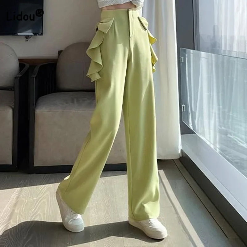 Fashionable Female Chic Ruffles Spliced Suit Pants Summer High Waist Casual Solid Color Bow Straight Trousers Women's Clothing