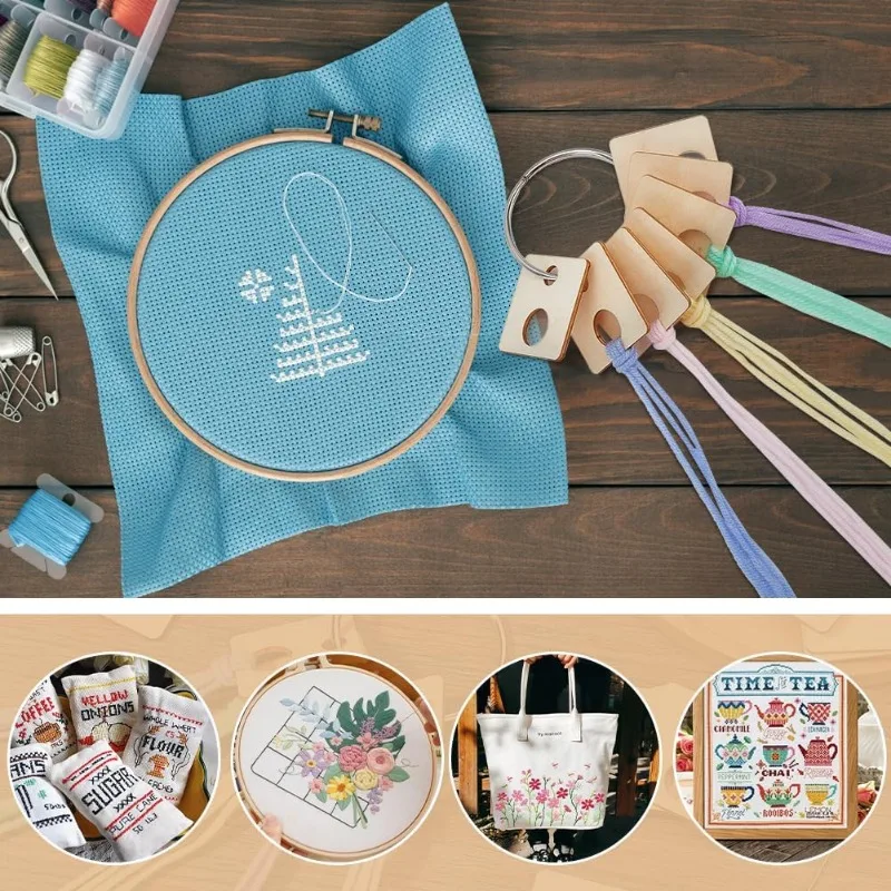 80Pcs Wood Thread Drops Square Floss Drops Bobbin Cross Stitch Thread Organization with Iron Floss Ring