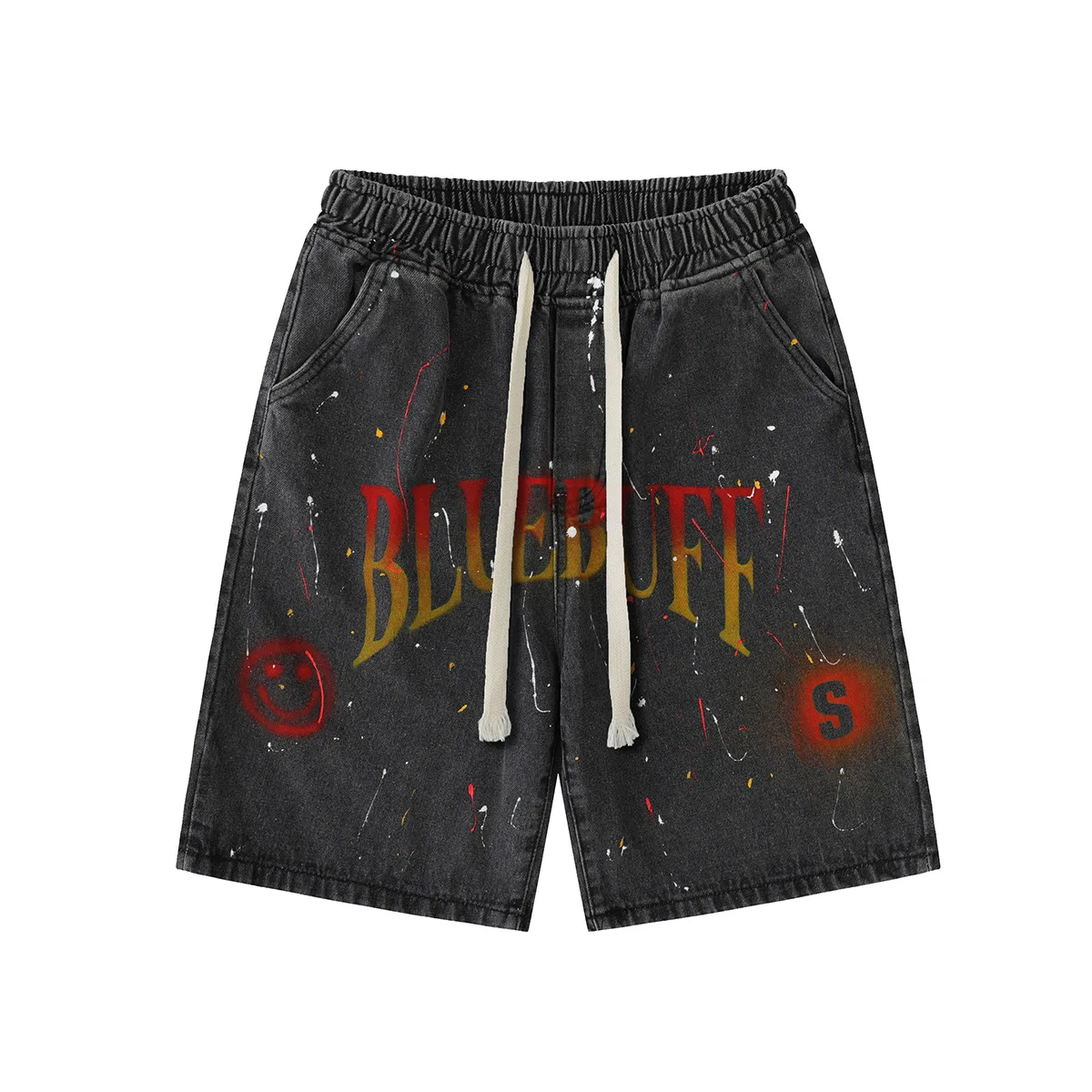 Men's Denim Cut-Off Shorts with Gradient Color and Ink Graffiti Personalized Vibe Pants