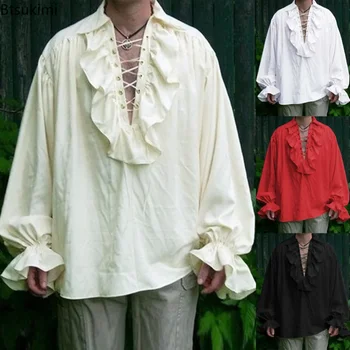 Costume rinascimentale da uomo Ruffled manica lunga Lace Up camicia da pirata Steampunk medievale Cosplay Prince Drama Stage Costume Tops