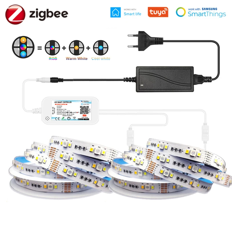 5M 10M Zigbee 3.0 Led Light Strip DC12V 24V 5050 3528 RGBCCT Flexible Tape Light Home Decor Tuya Zigbee APP fr Alexa Google Home
