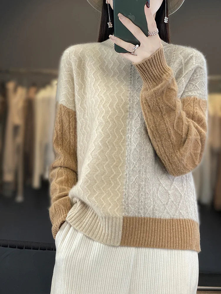 

Autumn Winter Knitted Wool Sweater Women Half High Collar Pullover 2023 Warm Casual Long Sleeve Tops Patchwork Warm Pull Femme