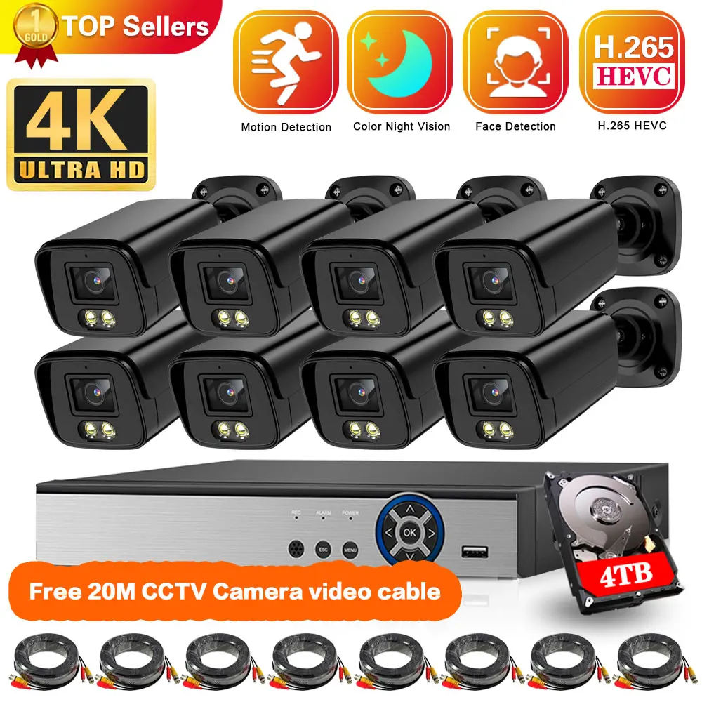

8CH 4K AHD CCTV Camera System Set Full Color Night Vision Camera Security Surveillance System Kit H.265 8 Channel DVR Kit XMEYE
