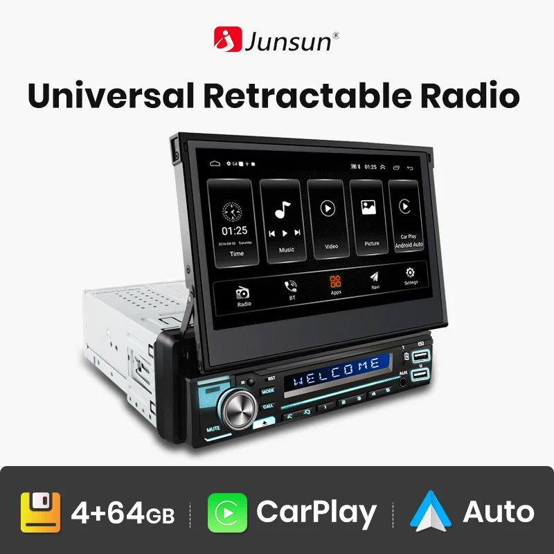 

Junsun Carplay Android Auto Retractable Touch Screen Universal Car Radio 1 Din Foldden Car Multimedia Player MP5 GPS Autoradio