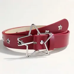 Y2K Punk Star Eyelet Black Rivet Goth Belt - PU Leather Fashion Accessory - 105CM (Red Belt)