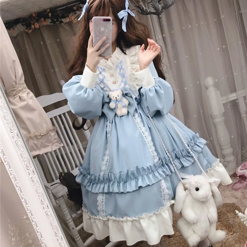 Japanese Gothic Lolita Dress Women Kawaii Bow Bear Lace Blue Dress Long Sleeve Princess Tea Party Costume Gift For Girls
