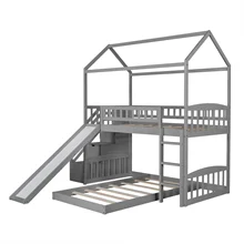 House Bunk Beds with Slide and Staircase, Twin Over Twin Bunk Beds