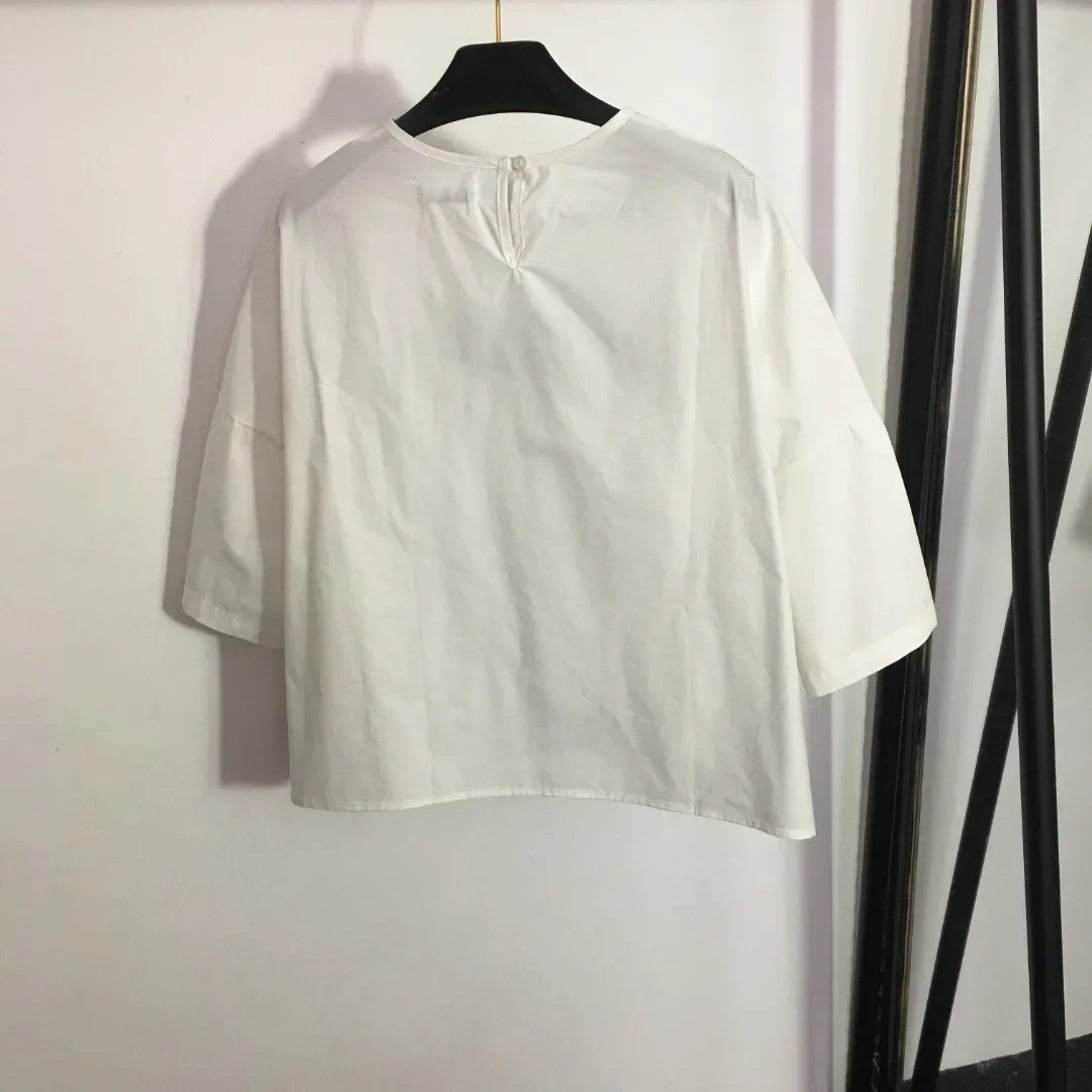 

Summer New Chest Letter Print Pleated Collar Design Round Neck Short Shirt