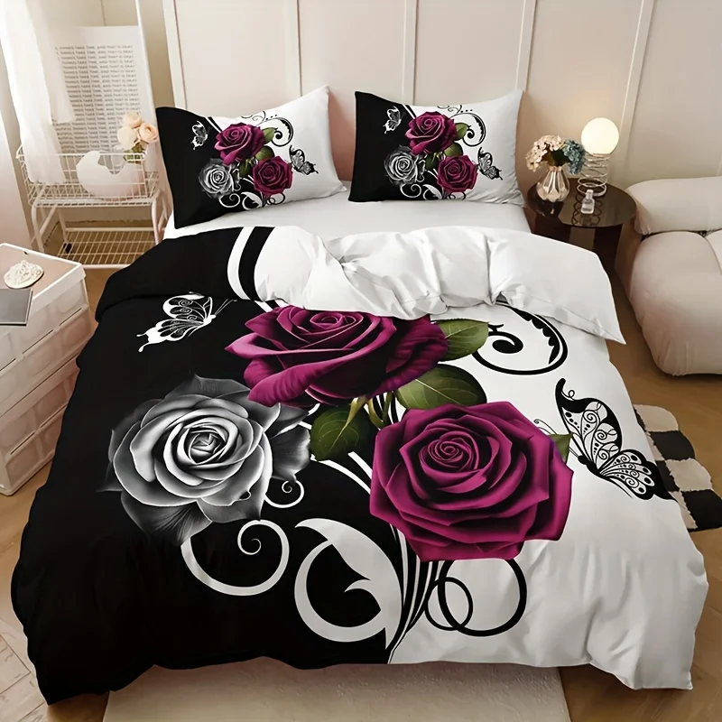 3PCS Rose and Butterfly Floral Duvet Cover Set - 100% Polyester,  Breathable Bedding with 1 Duvet Cover and 2 Pillowcases