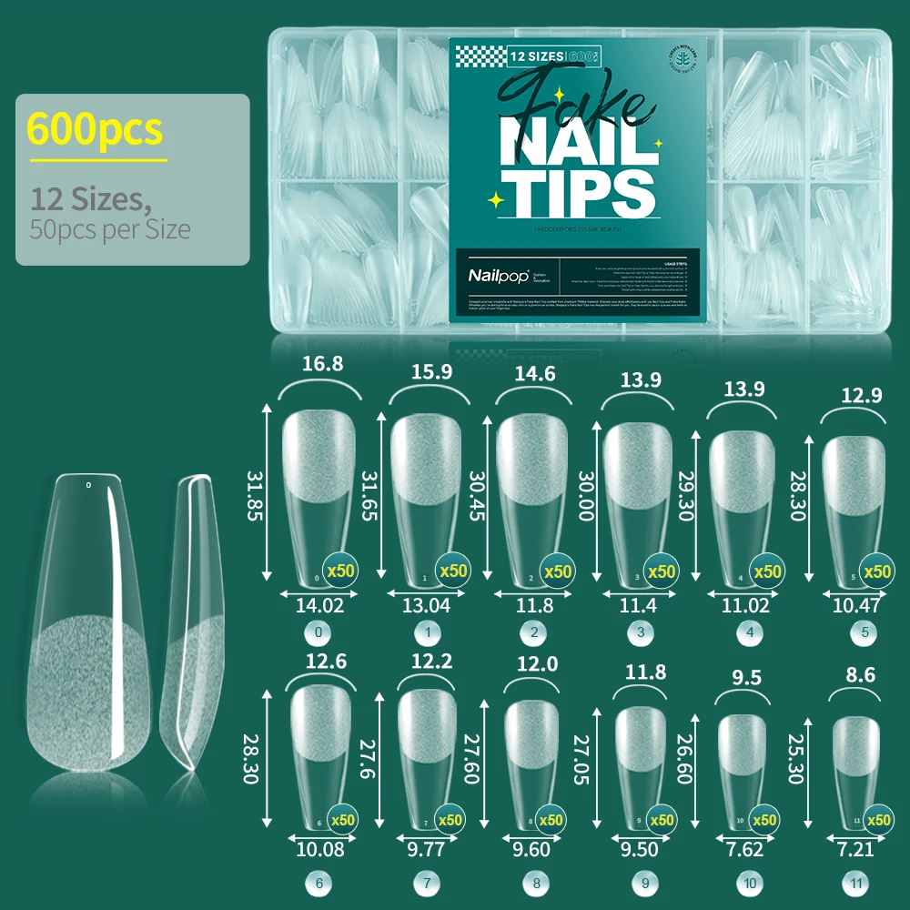Soft Gel Nail Tips - Pre-Buff Full Cover Coffin, Almond, and Oval Shapes (600 Pieces)