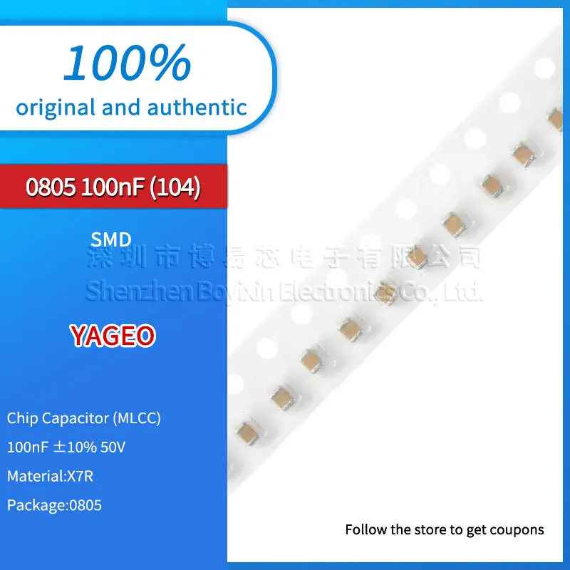 Original genuine 0805 capacitor 100nF(104) ±10% 50V X7R CC0805KKX7R0BB104