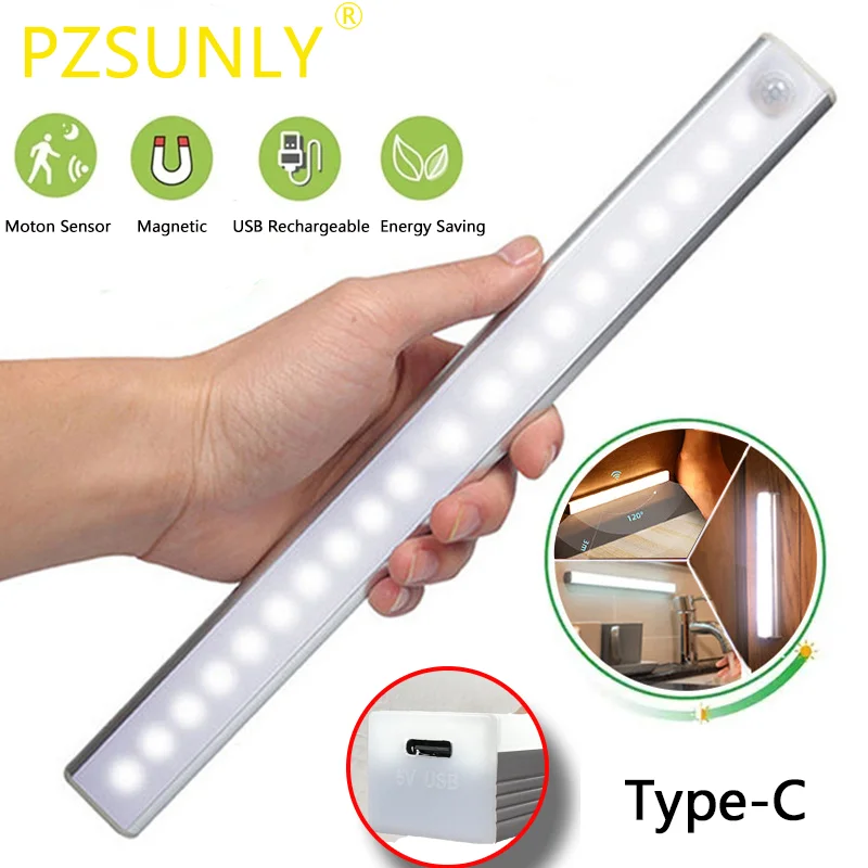 LED Motion Sensor Light PZSUNLY LED Motion Sensor Light Night Light USB Type-C Rechargeable Lamp For Kitchen Cabinet Wardrobe Lamp Staircase Backlight