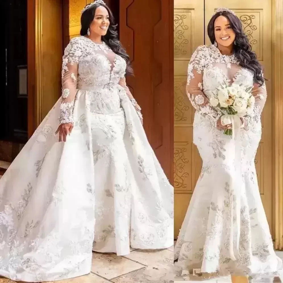 

Plus Size African Mermaid Lace Wedding Dress With Detachable Skirt Long Sleeve Country Vestido de novia Bride Bridal Gowns