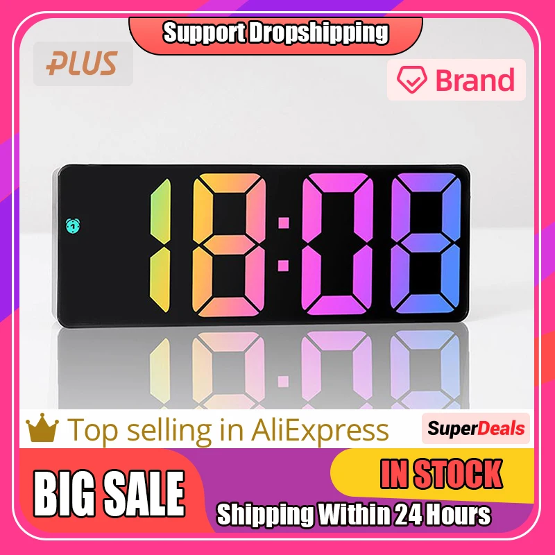 

Adjustable Brightness Colorful Big Screen Desk Clock Led Electronic Bedroom Alarm Clock 12/24 Hours for Home Drop Shipping