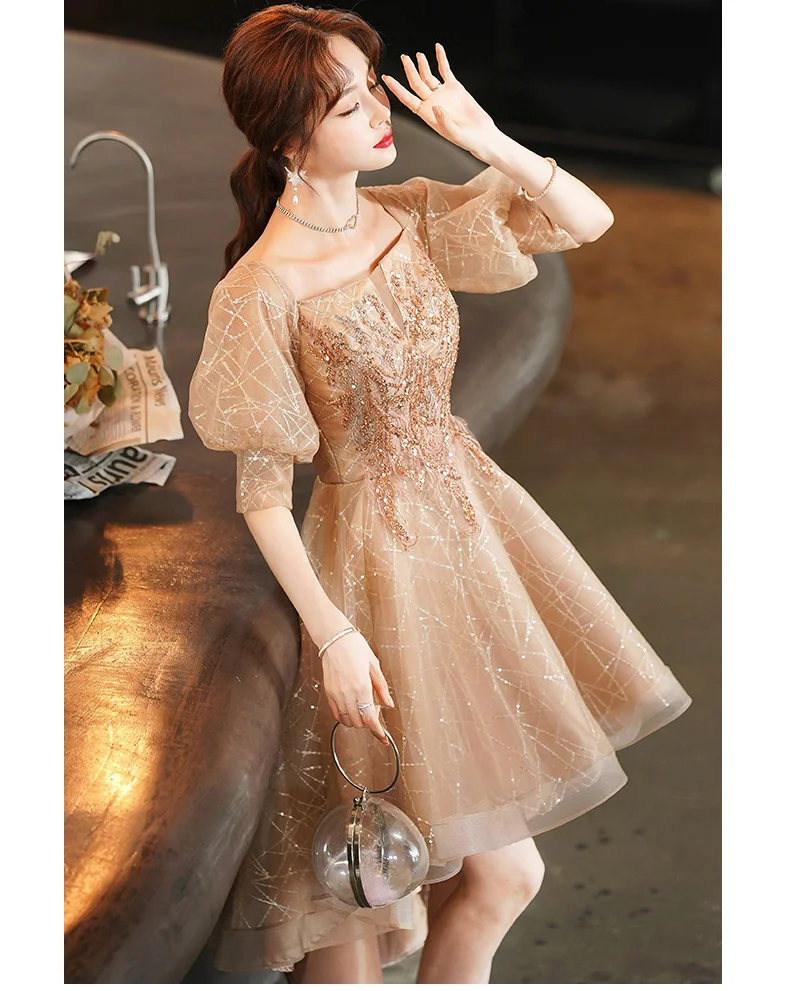 High Low Evening Dresses For Christmas Party Elegant Square Neck Luxury Appliques Sequined Lace Tulle Short Prom Gowns dark green prom dress