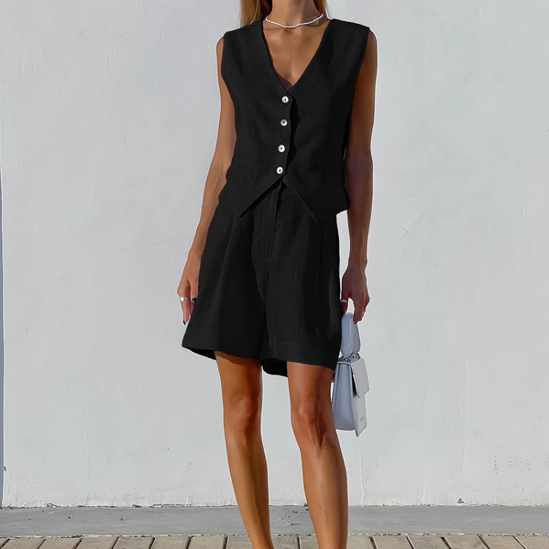 2023 New Cotton Line Waistcoat Shorts Sets Women Sleeveless Single Breasted Top Two Piece Set Womens 2023 Summer Lady Set