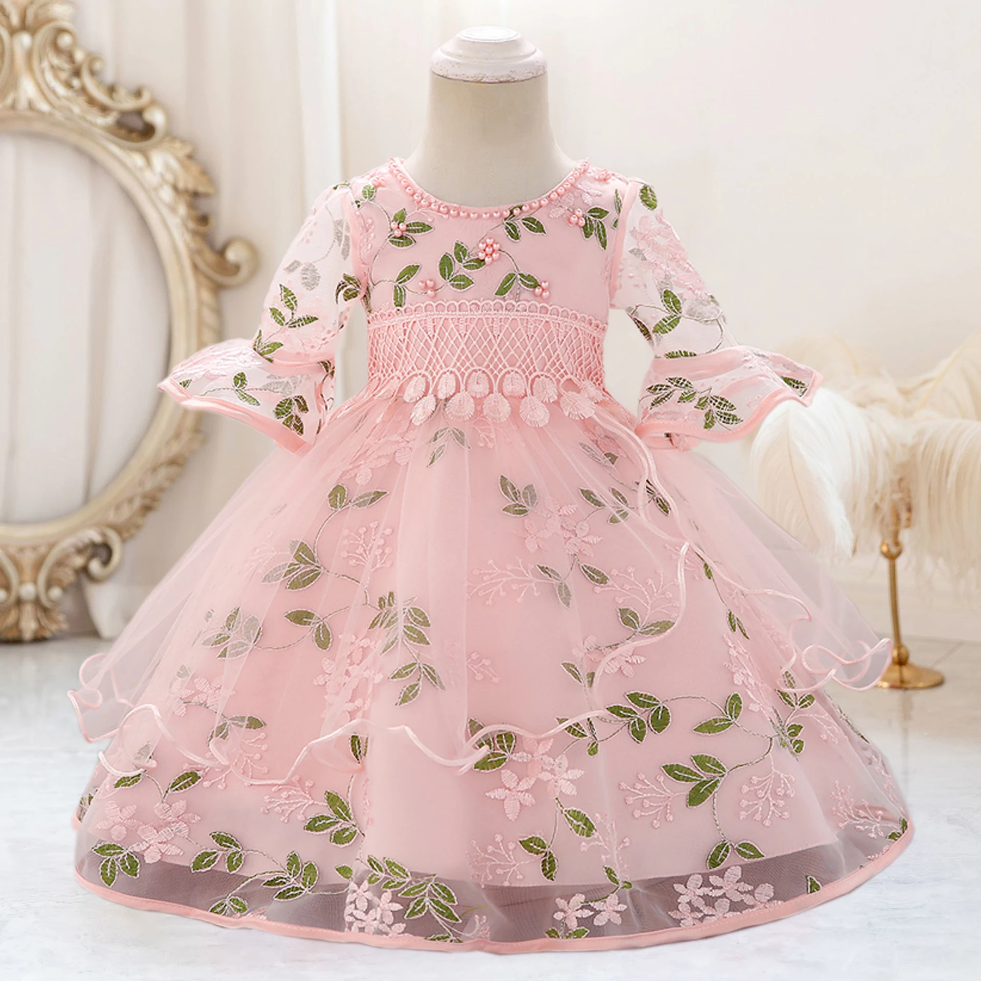 green emerald velvet dress Embroidered Tulle Baby Dress