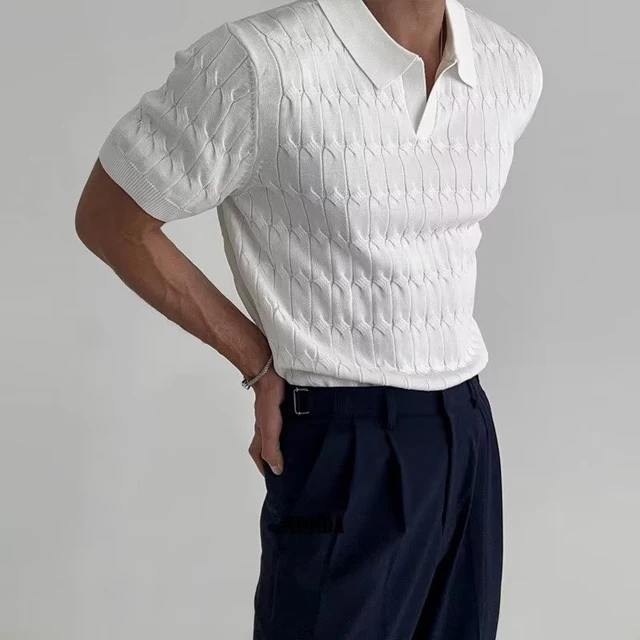 Casual Jacquard Knit Polo Shirt Men Fashion Solid Elastic