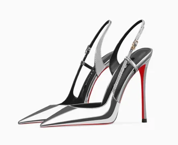 New silver patent leather flat buckle sandals with pointed edges and slim heels, stylish and stylish, worn in the backless style 1