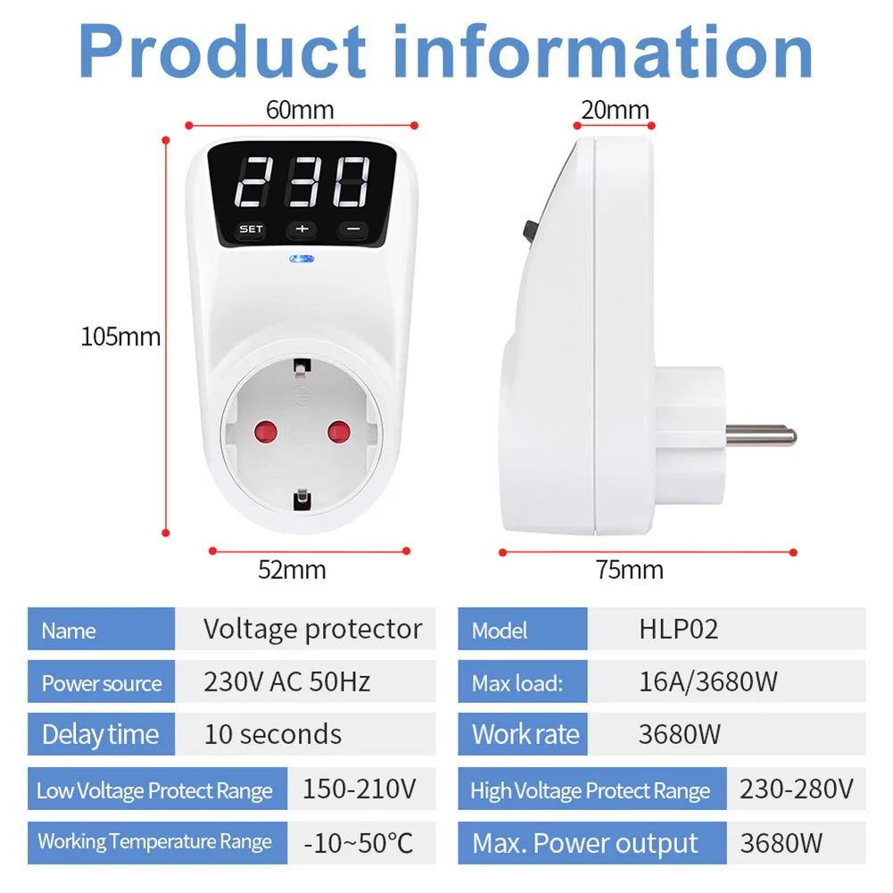 Description Picture 6 of item1pc Adjustable Voltage Delay Protector Socket 16A Automatic Surge Protection With LED Indicators Home Electrical Supplies