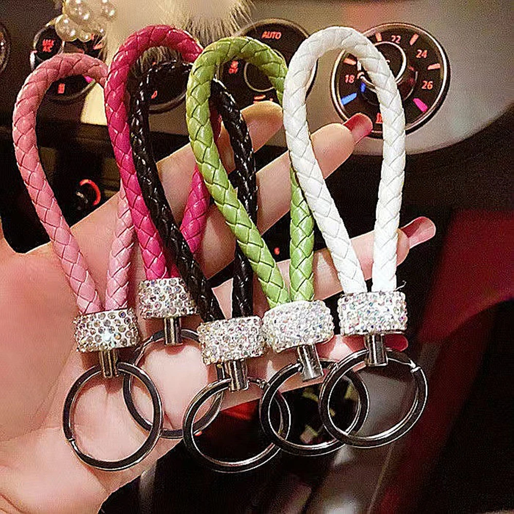 Bling Leather Car Keychain ,Anti-lost D-ring and 2 Key Rings Leather Key  Chain Crystal Diamond Keychains for Women