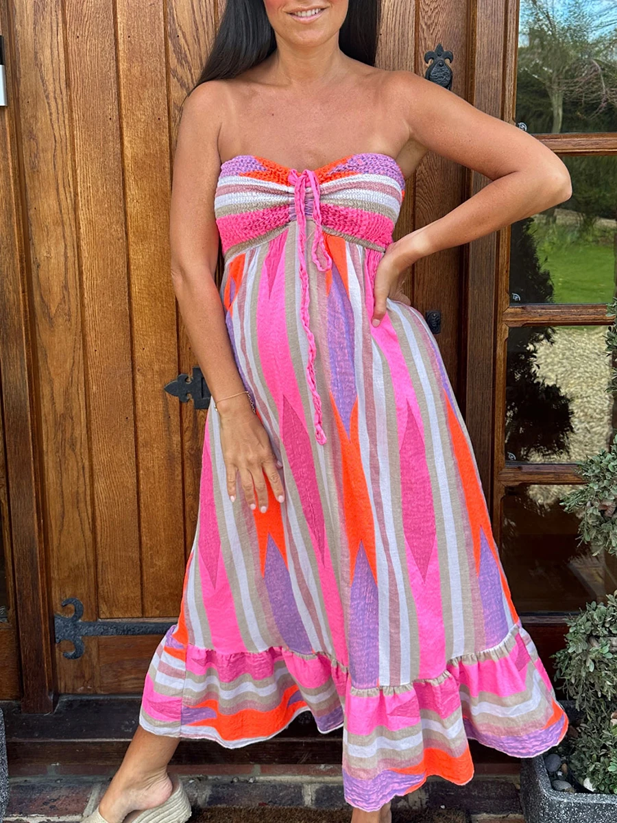 Women s Off-Shoulder Maxi Dress with Ruffled Hemline and Adjustable Waist Tie Boho Chic Sleeveless Summer Dress