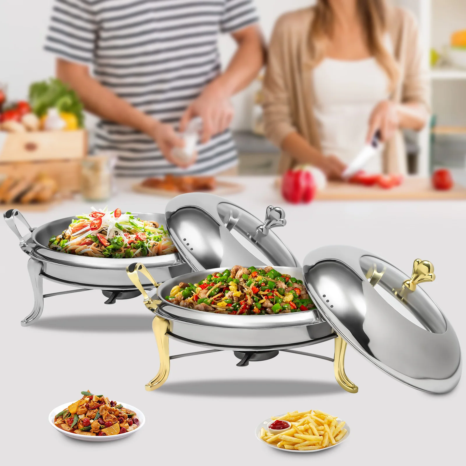 

2.5L Round Food Warmer Stainless Steel Skillet for Buffet with Fuel Rack Buffet Warmer