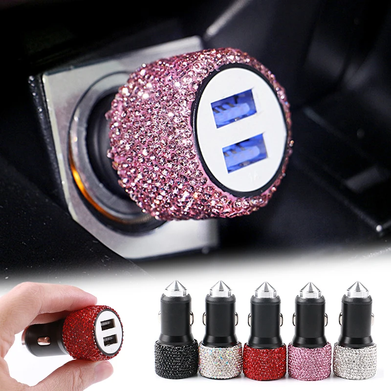 

5V 2.1A Dual USB Port Car Charger Fast Adapter Universal Diamond Inlay Cigarette Lighter Connection Car Accessories Interior 1Pc