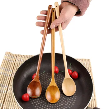 Cucchiai coreani lunghi in legno Asta per mescolare caffè naturale Manico per cucchiaio da tè e dessert rotondo per stoviglie da zuppa Forniture da cucina 1