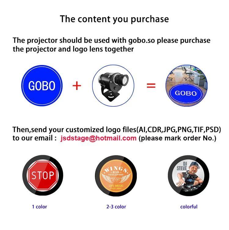 Description Picture 3 of itemGOBO Light LED Logo GOBO Projector GOBO Projector Advertising Logo Light with Custom Color Rotating Glass Gobos