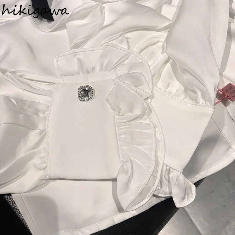 흰색 긴 소매 블라우스 여성 빈티지 느슨한 한국 프릴 우아한 셔츠 기질 숙녀 탑 2025 Blusas Mujer De Moda
