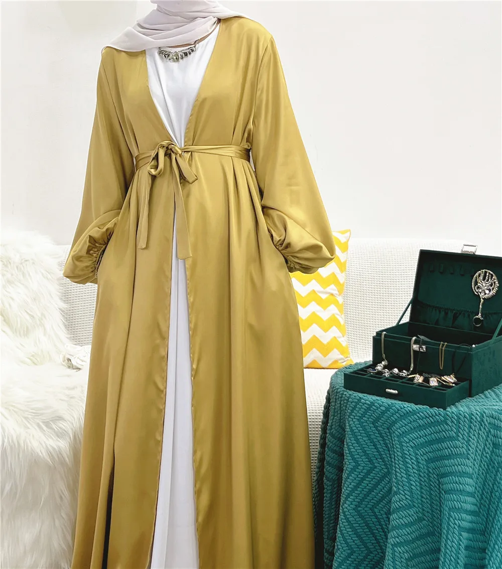 Hot Sale Well Made Islamic Clothing Eid Clothes Puff Sleeve Women Dubai Muslim Thickened Satin Open Abaya With Pockets And Belt