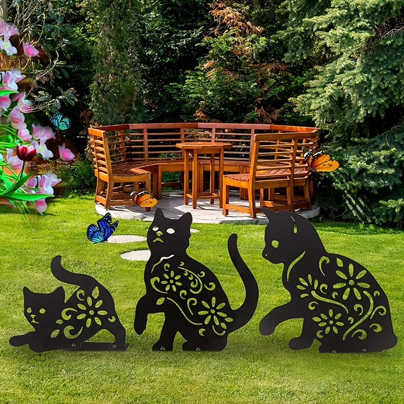 

3pcs Cat Family Garden Stakes Decorative Silhouette Animal Outdoor Statues For Cat Lovers Yard Garden Lawn Halloween Decorations